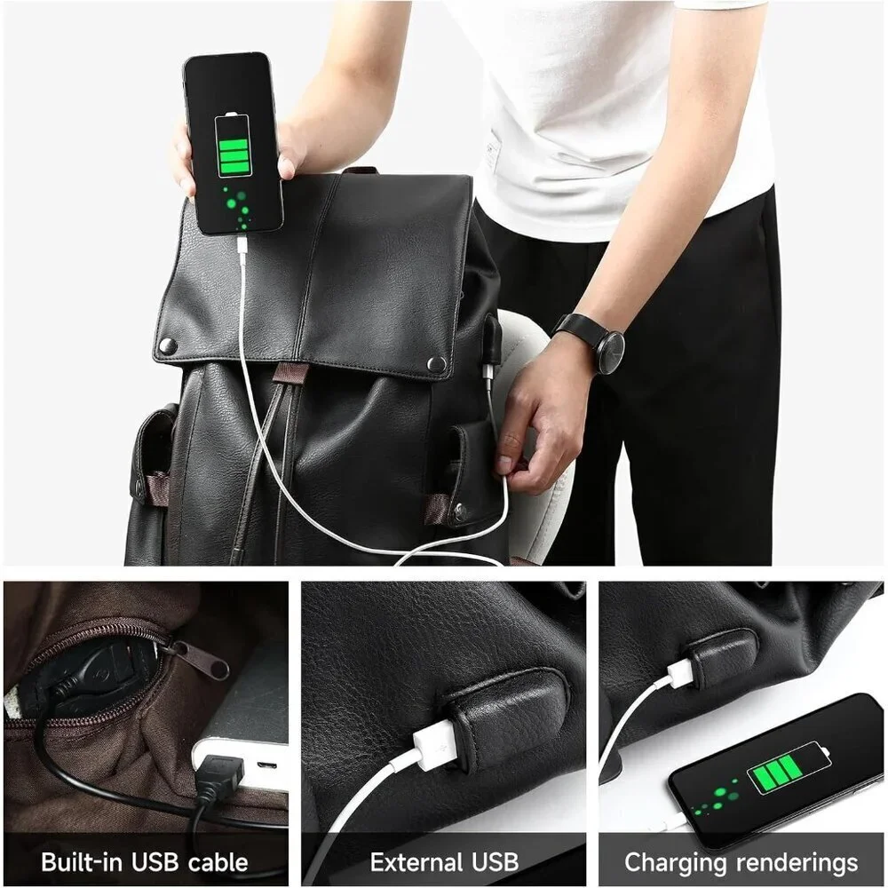Black Laptop Travel Backpack PU Leather Water-Resistant Casual Laptop Backpack